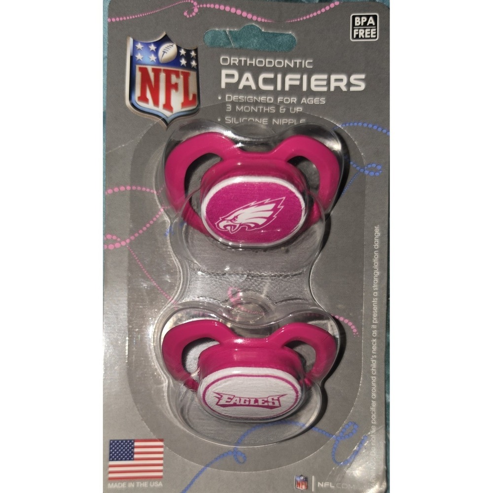 NFL Philadelphia Eagles Orthodontic Pacifiers 2 Pack Pink White 3 Months+ NEW